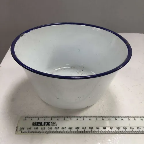 White with Blue Trim Enamel Mixing Bowl