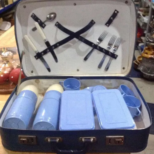 Period picnic basket / suitcase with tuppaware and utensils in blue and white