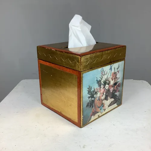 Gold Tissue Box with Flower and Bird Print