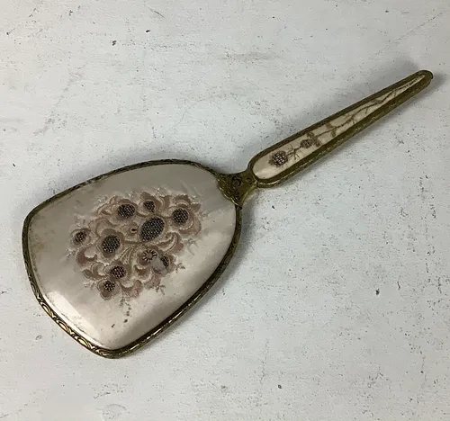 Pink and Gold hand held Mirror with Floral Detail