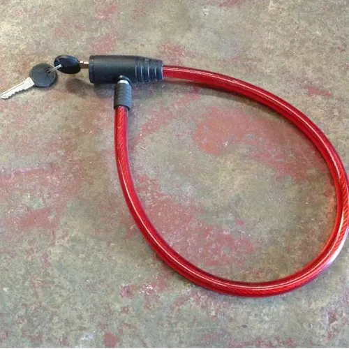 black and red plastic bicycle lock with keys