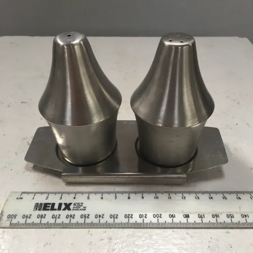 Metal salt and Pepper pots on stand