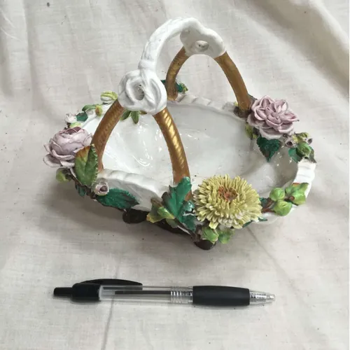 Small white China flower basket ornament