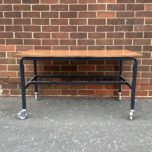 Wooden Veneer Table with Metal Black Legs and Wheels