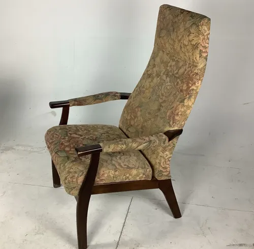 Period Mustard Floral Print High Back Armchair with Dark Wood Frame