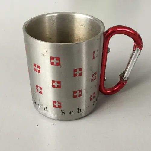 Stainless Steel Camping Mug with Swiss Flag Detail and Carabiner Clip Handle