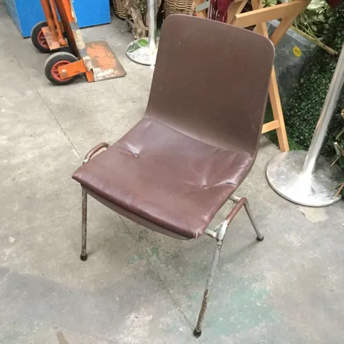 Period Brown Stacking Chair with Padded Seat and Metal Frame