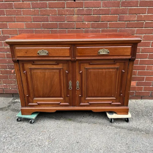 Varnished Mahogany Wood Sideboard with Brass Handles