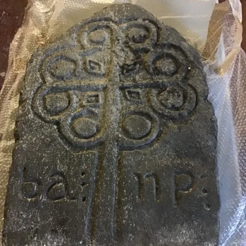 Fake Celtic Gravestone 9 (Curved top, “ba  np” engraving)