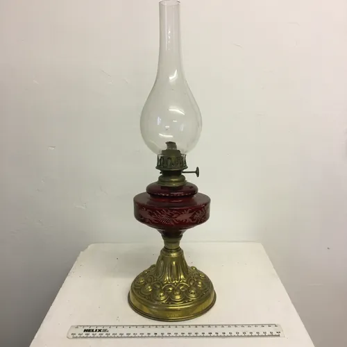 Period Brass Gold Paraffin Oil Lamp with Red Glass Section