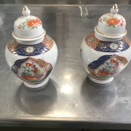 Pair of White with Oriental Print Ceramic Ginger Urns