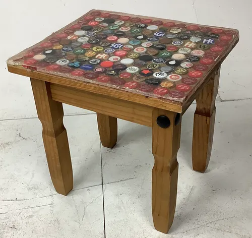 Wood Side Table with Bottle Caps Top