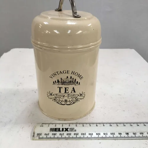 Round Cream Vintage Home Tea Tin with Arched Handle