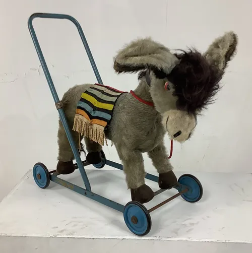 Period Grey Push Along Donkey Blue Metal Frame with Wheels