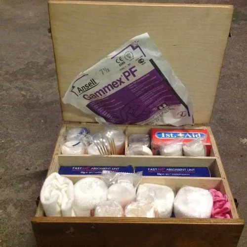 Period Wood Wall Mount First Aid Kit with Full Contents