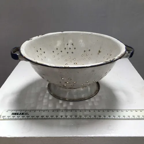 Period White with Blue Trim Enamel Colander