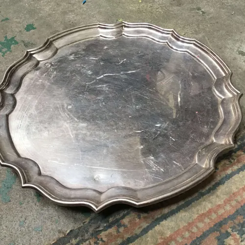 Round Silver Serving Tray with Ornate Edge