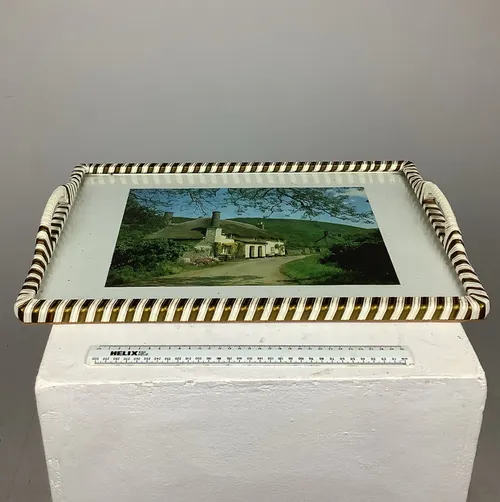 Period Glass Top Serving Tray with House Photo and Gold White Vinyl Stripe Edge