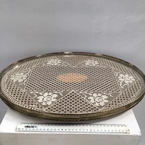 Period Silver Serving Tray with Glass Top and Crochet Doily