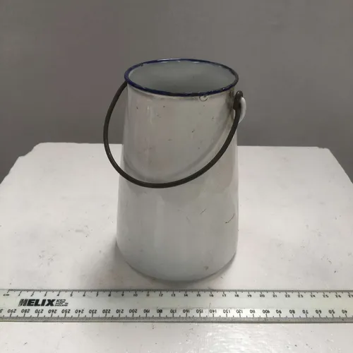 Period White with Blue Trim Handled Enamel Billy Tea Can