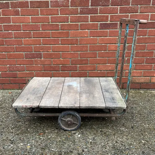 Blue Metal Frame with Wood Flatbed Industrial Wheeled Trolley Cart