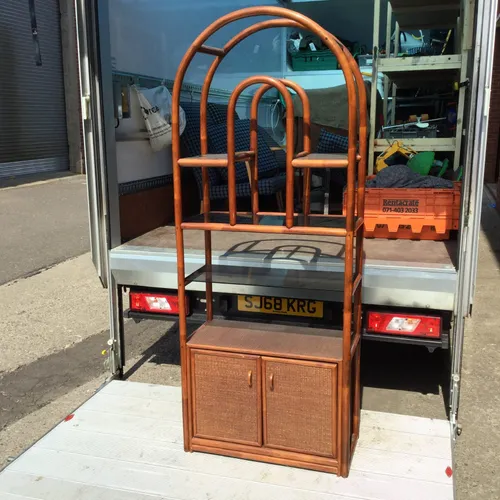 Bamboo Wood and Wicker Shelf Unit with Glass Shelves and Cupboard