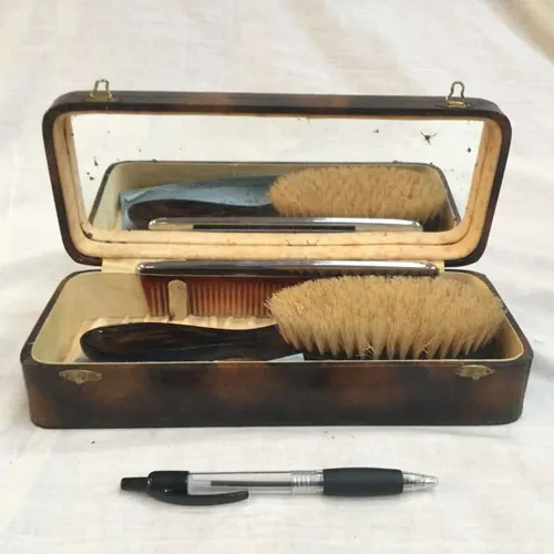Period leather brush box