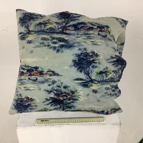 White Cushion with Blue Tree Design