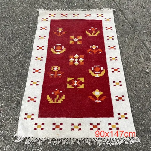 Cream and Red Area Rug with Geometric Design