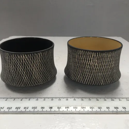 Small Black/Brown Stoneware Pots with Hatched Detailing