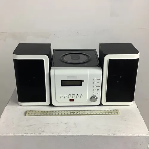 White and black Bush stereo with speakers