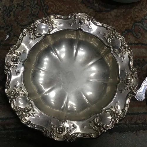 Silver Circular Metal Tray / Bowl with Ornate Edging