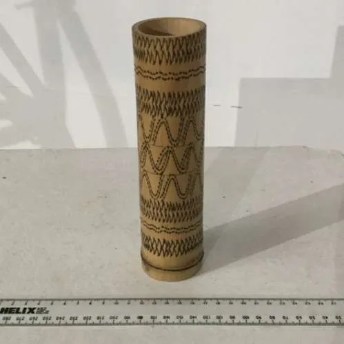 Tall wood cylindrical pot with pyrography wood burned design
