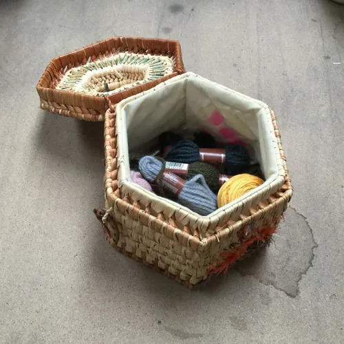 Hexagonal Wicker Lidded Box with Thread