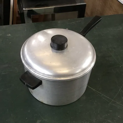 Period Silver Pan with Lid and Black Plastic Handles