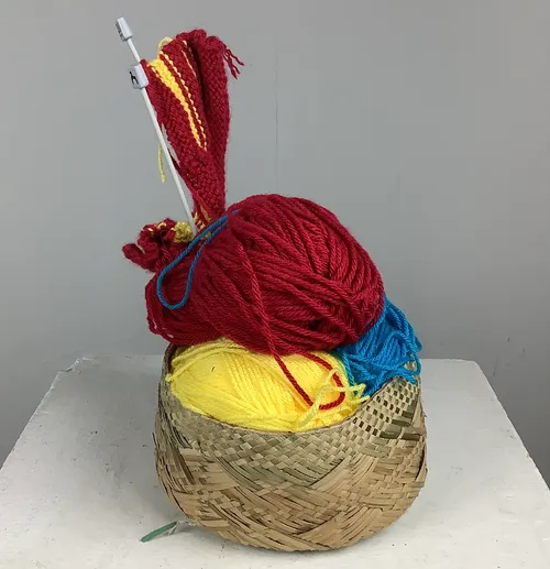 Basket of Yarn / Wool with Knitting Needles