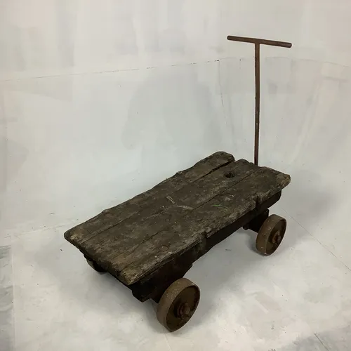 Period Wood Flatbed Trolley Cart with Metal Wheels and Handle