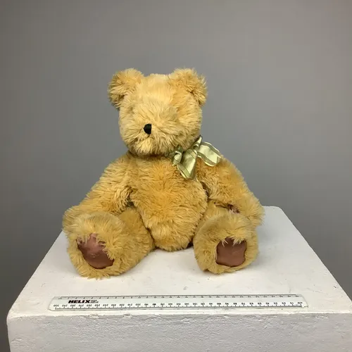 Light Brown Teddy Bear with Green/Gold Ribbon and Brown Silk Paws