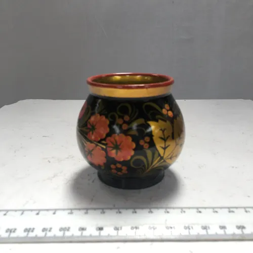 Small Black Glazed Pot with Painted Floral Details and Gold Trim