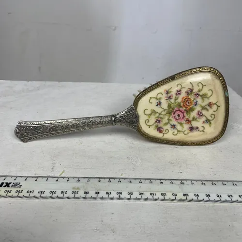 Silver Engraved Hairbrush with Embroidered Details