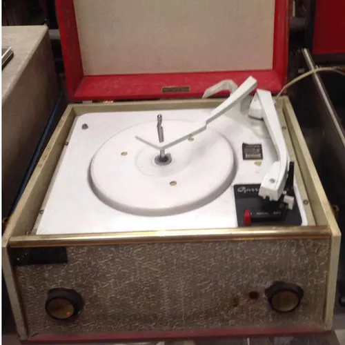 Period Dansette Challenge C.101 record player / turntable unit beige with red trim