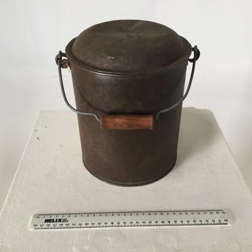 Period Rusted Metal Lidded Tin Pail with Wood Handle
