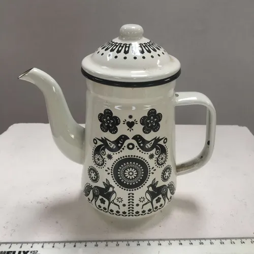 White and Black Folklore Design Enamel Tea Coffee Pot