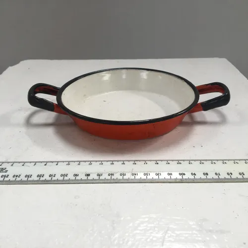 Period Orange with Black Rim Enamel Handled Pan