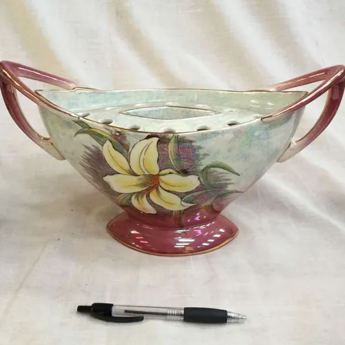 Ceramic pink and cream flower frog vase with painted lily design