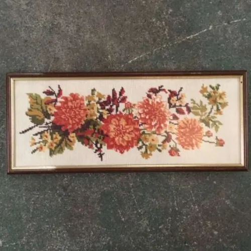 Rectangular floral cross stich in long dark wood frame
