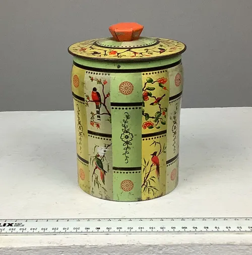 Vintage Tea Tin with Birds and Tree Design