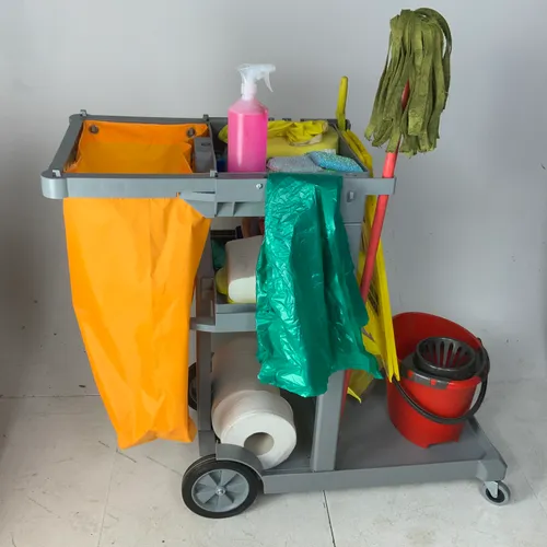 Grey and Yellow Cleaners Cleaning / Maid Trolley Cart with stock