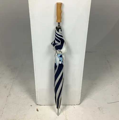 Blue and White Umbrella with Light Wood Handle