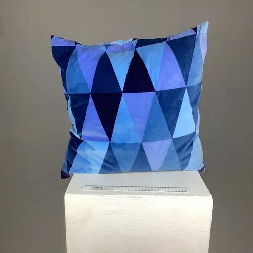 Blue Velvet Cushion with Triangular Pattern